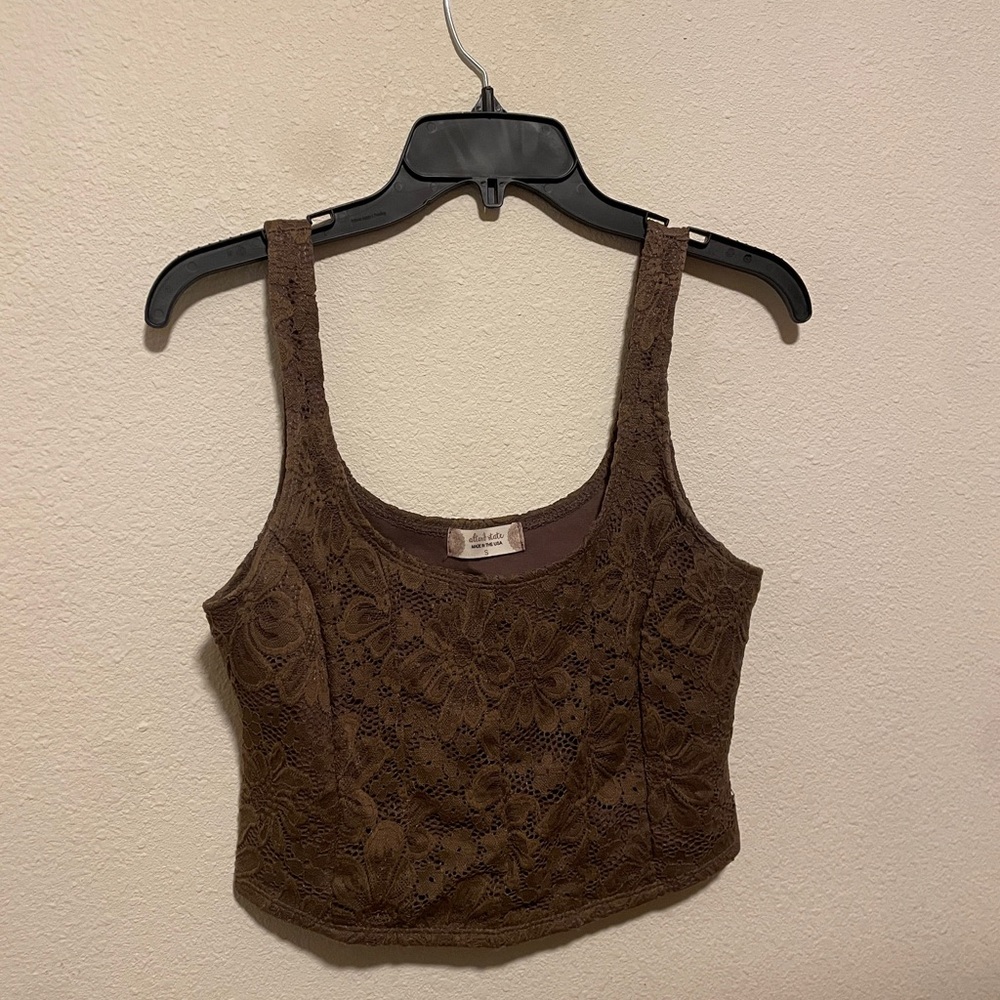 Altar'd State Cropped Brown Floral Lace Tank Top